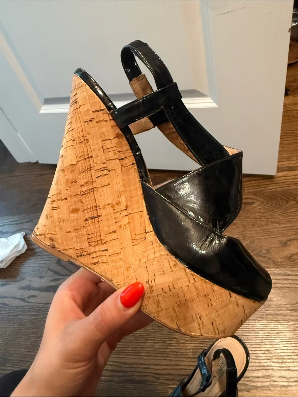 Steve Madden Black Patent Cork Wedge Sandals - Crisscross Slingback
